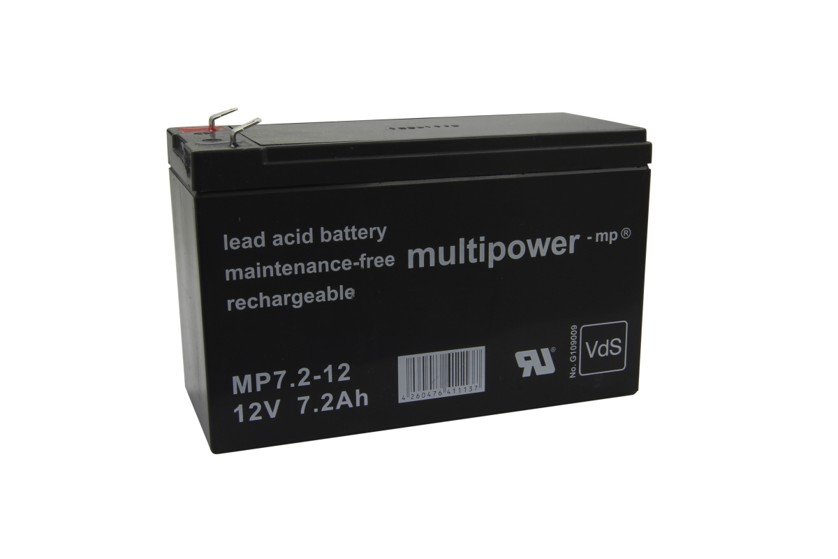 Schwarze wartungsfreie Bleisäurebatterie, 12V, 7.2Ah.