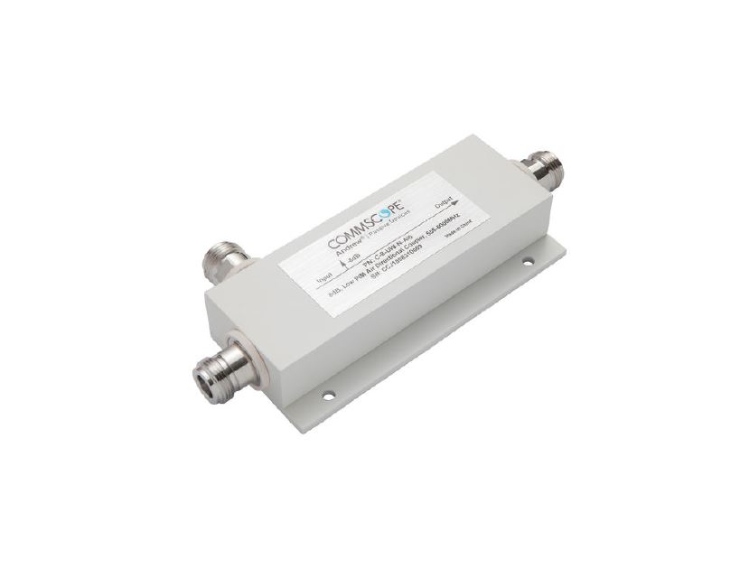 A white electrical signal splitter with two connectors and a label on top.