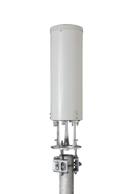 Cylindrical cellular antenna mounted on metal pole.