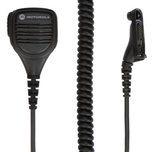 7000-00365400_mot_01.jpg Black hand microphone with cable connector, suitable for radios.