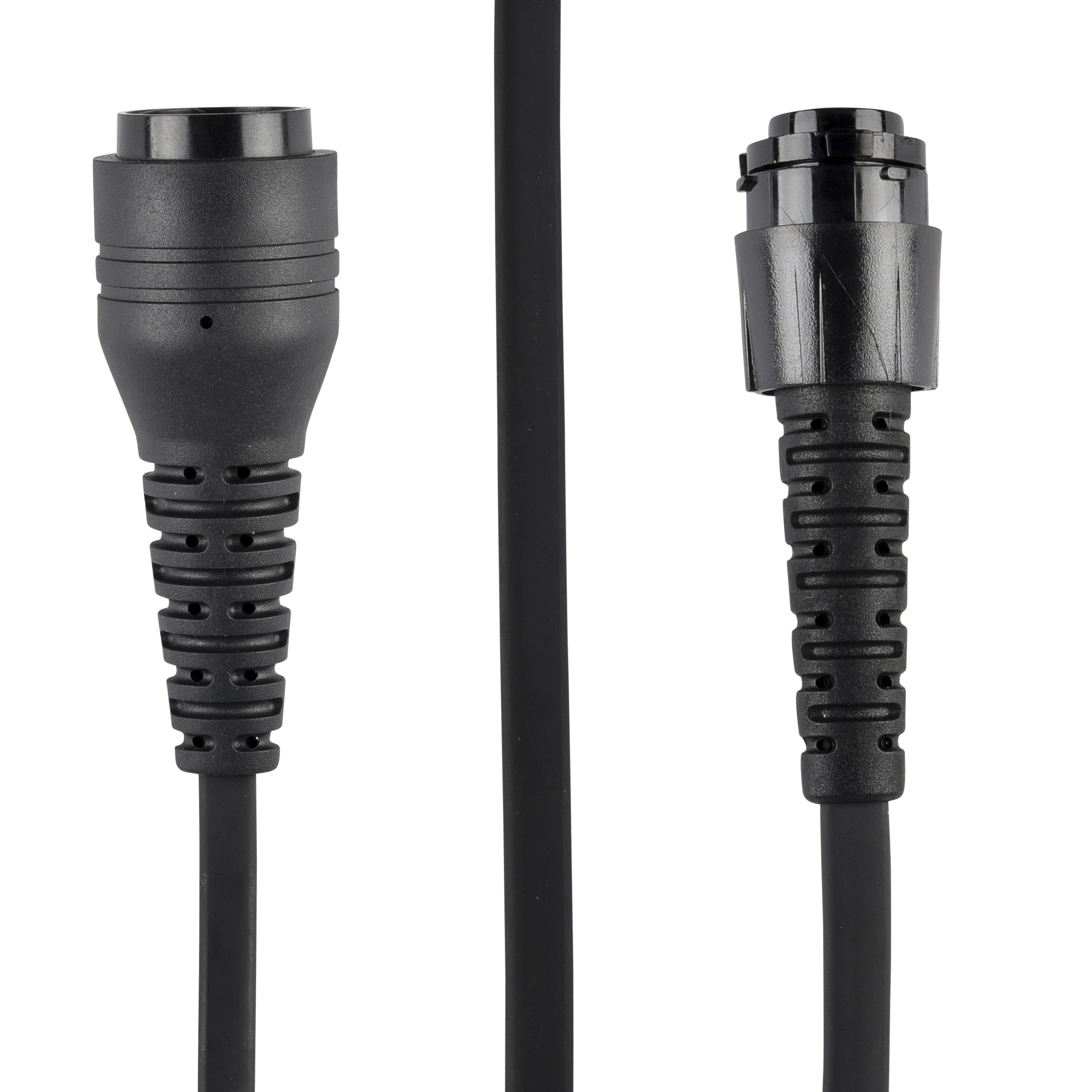 Zwei schwarze, gerippte Stecker mit Kabeln.
