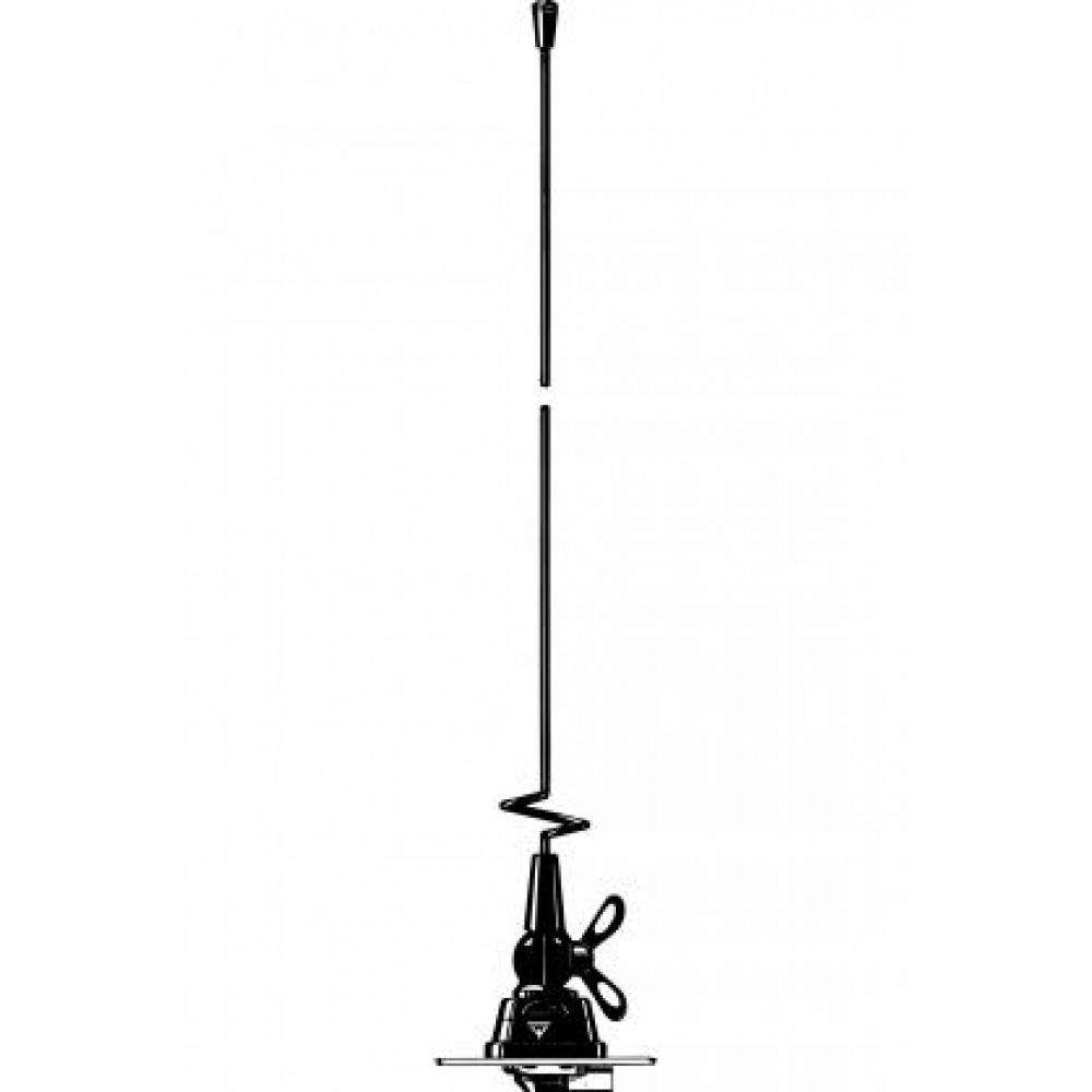 Black car antenna with spiral and ball joint on mount.