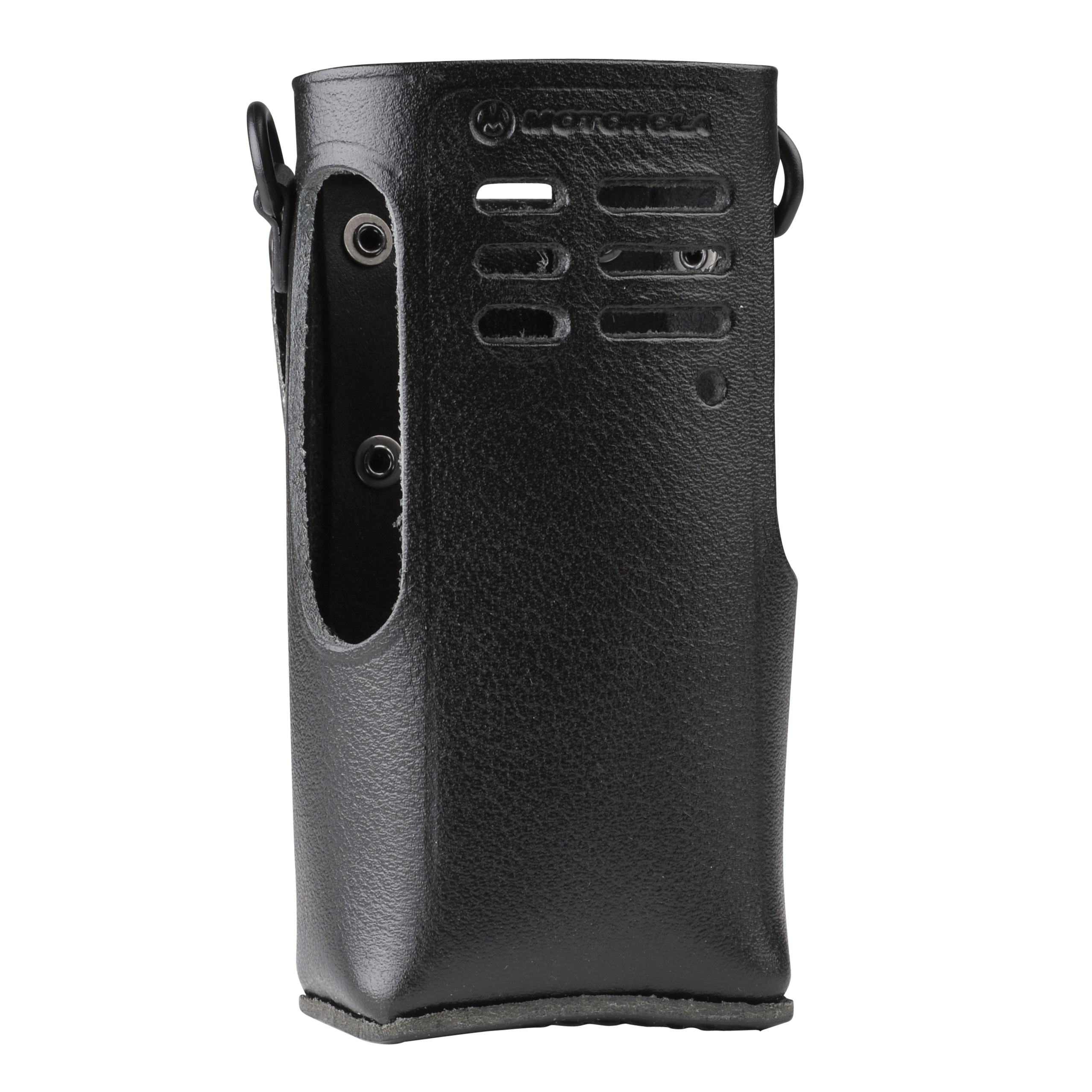 Black leather case with cutouts, suitable for a portable radio.