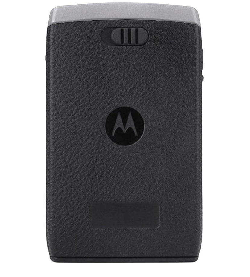 Black pager with Motorola logo and a gray top.
