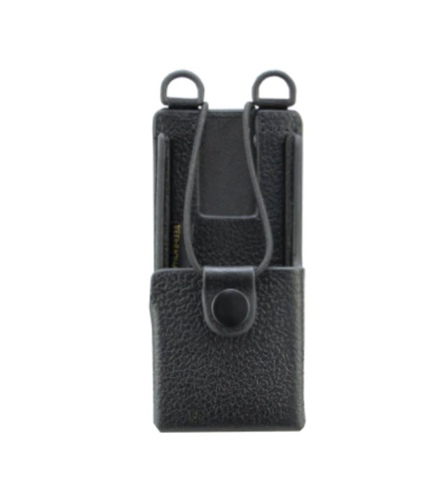 Schwarzes Lederetui mit Gürtelclip und Druckknopfverschluss.