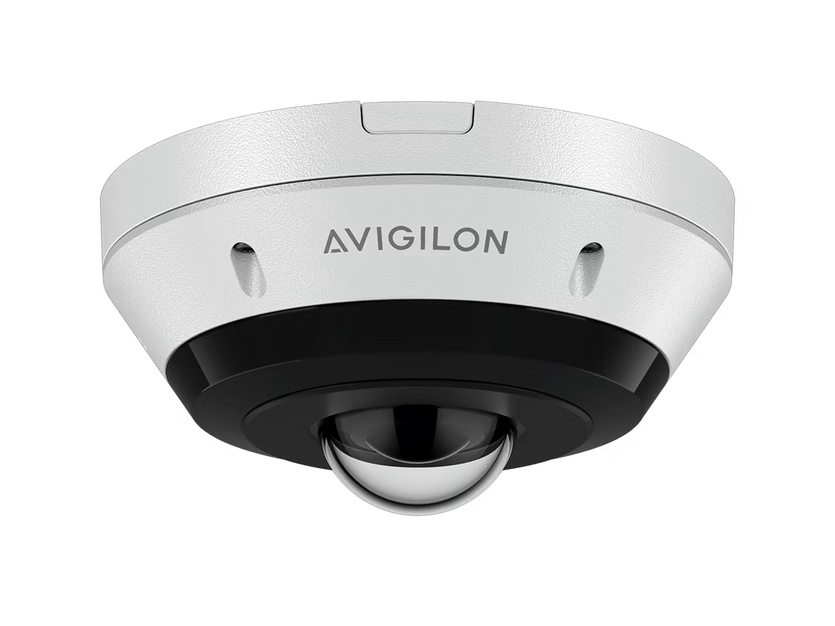 Ceiling-mounted surveillance camera with black and silver cover.
