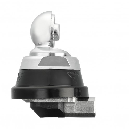 Metal ball joint with black and silver housing, side view.