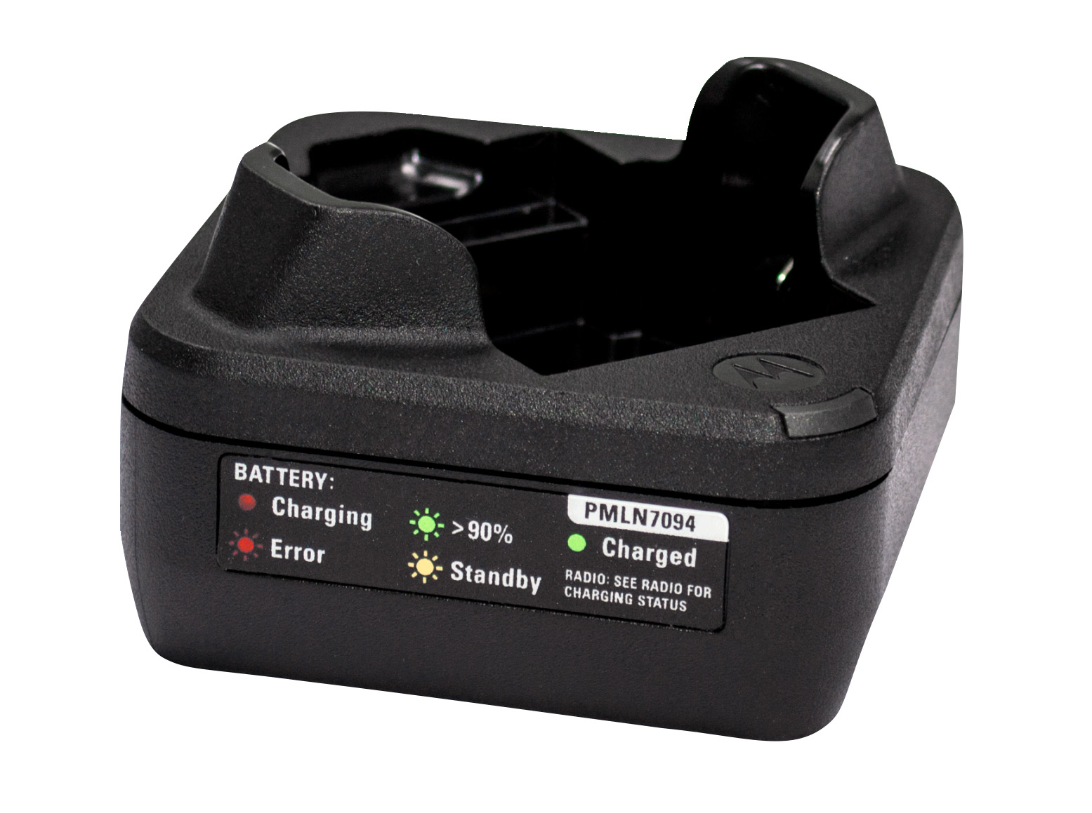 Black charger with LED indicators for charging status and errors.