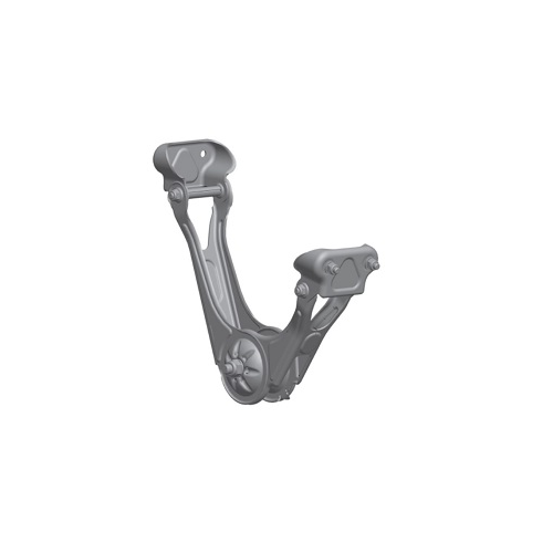 Graue Metallkonstruktion mit Schraubenlöchern und Gelenken, technische Komponente.