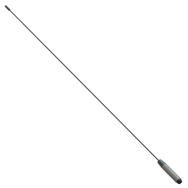 Long, slim vehicle antenna with spring base on white background.