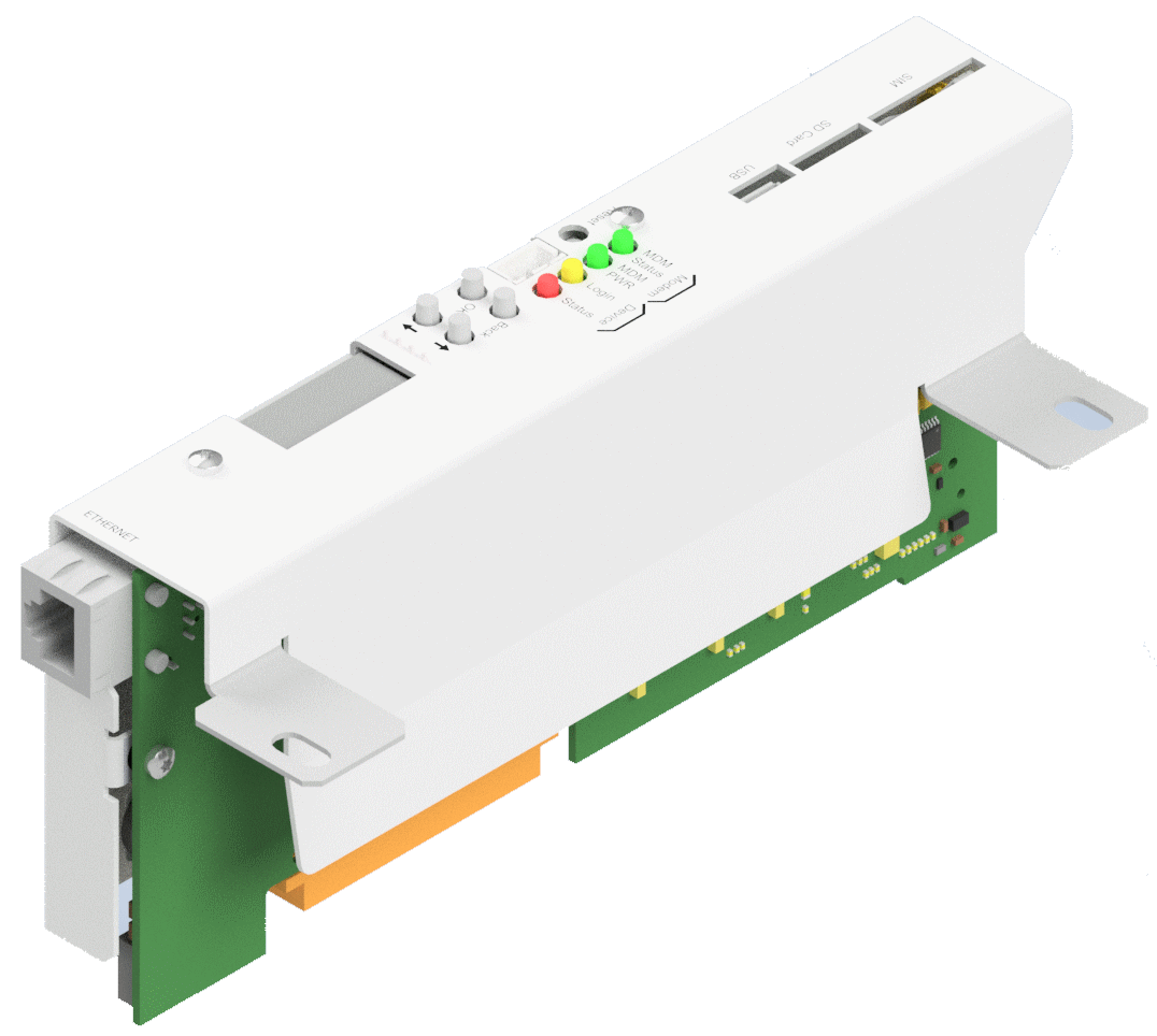 Electronic control unit with Ethernet port, LEDs, and buttons.