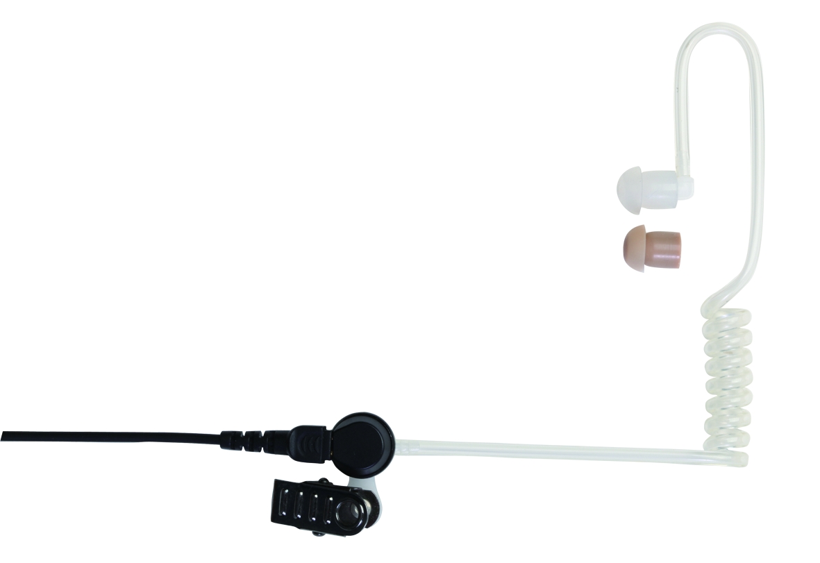 Transparent radio earpiece set with coiled cord and clip.