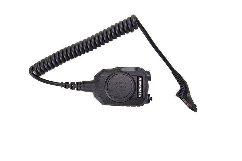 Black handheld radio with coiled cable and clip connector.