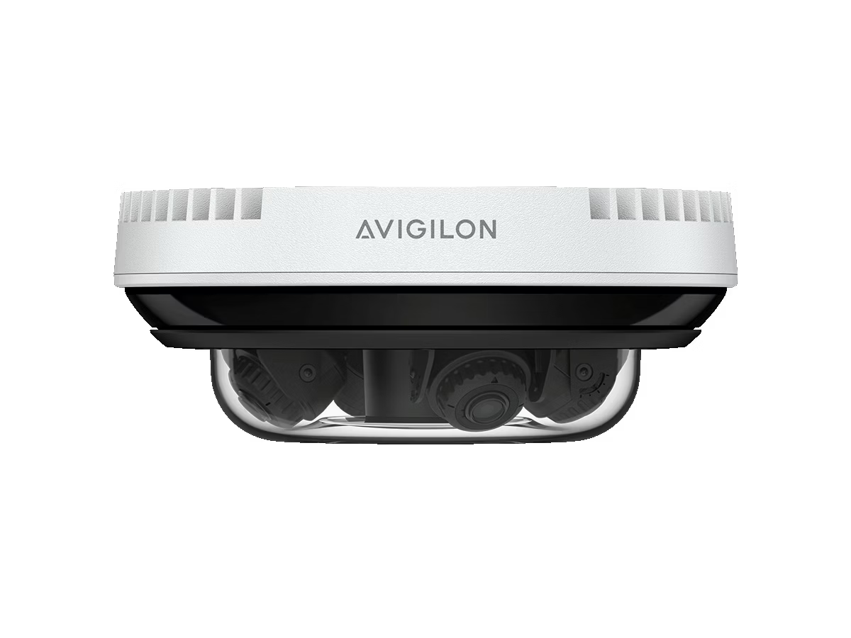 Überwachungskamera mit weißem Gehäuse und klarem Dom, Marke Avigilon, schwarze Unterseite.