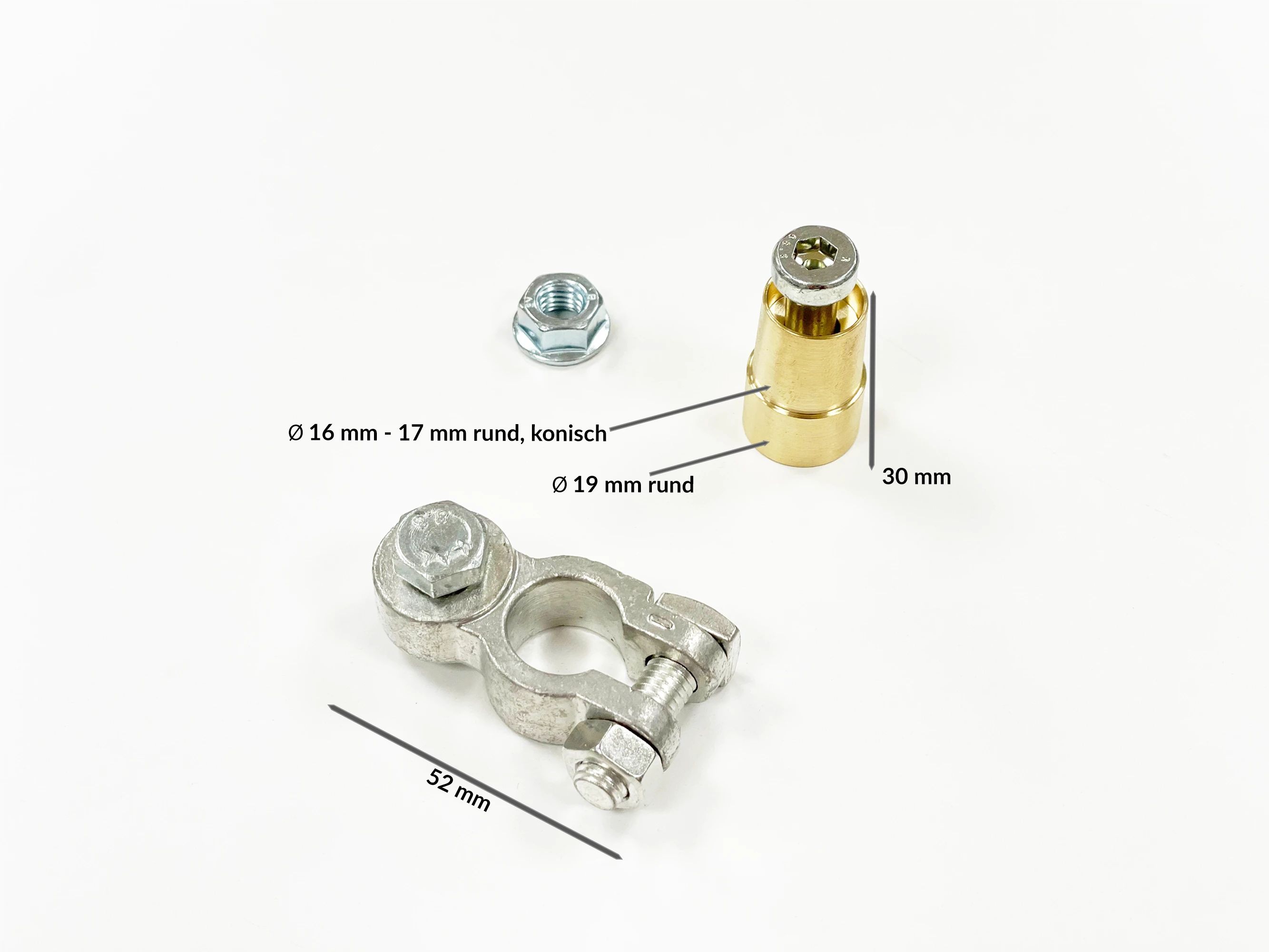 Car battery terminal, nut, and adapter with specified dimensions.
