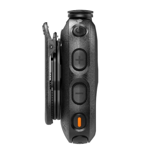 Seitliche Ansicht einer schwarzen Kamera mit vier runden Tasten.