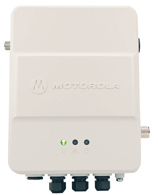 Weiße Motorola-Außenbox mit drei LEDs und Kabelanschlüssen unten.