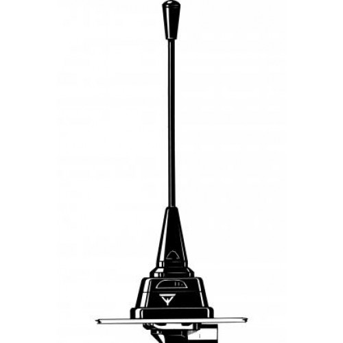Schwarze Autoantenne mit langer Stange und konischem Sockel.