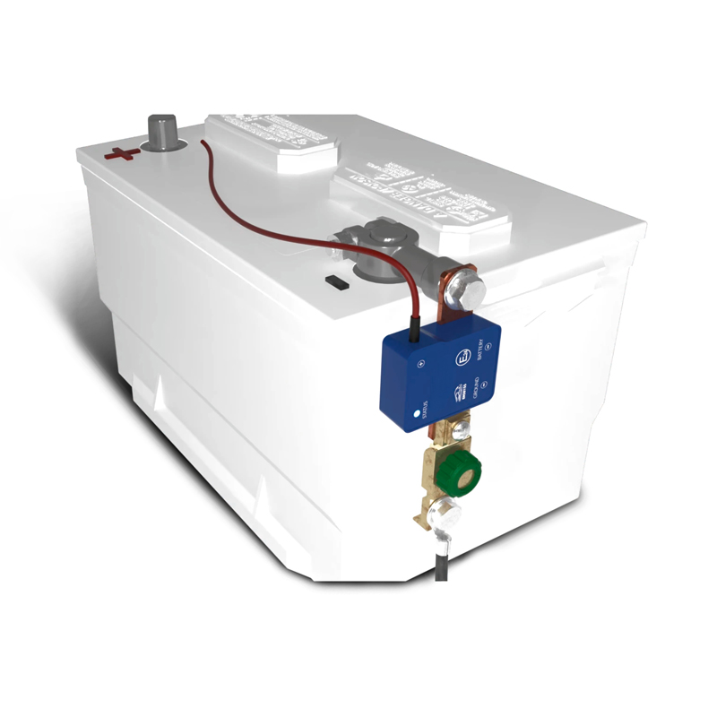 White battery with blue circuit and cable connection.