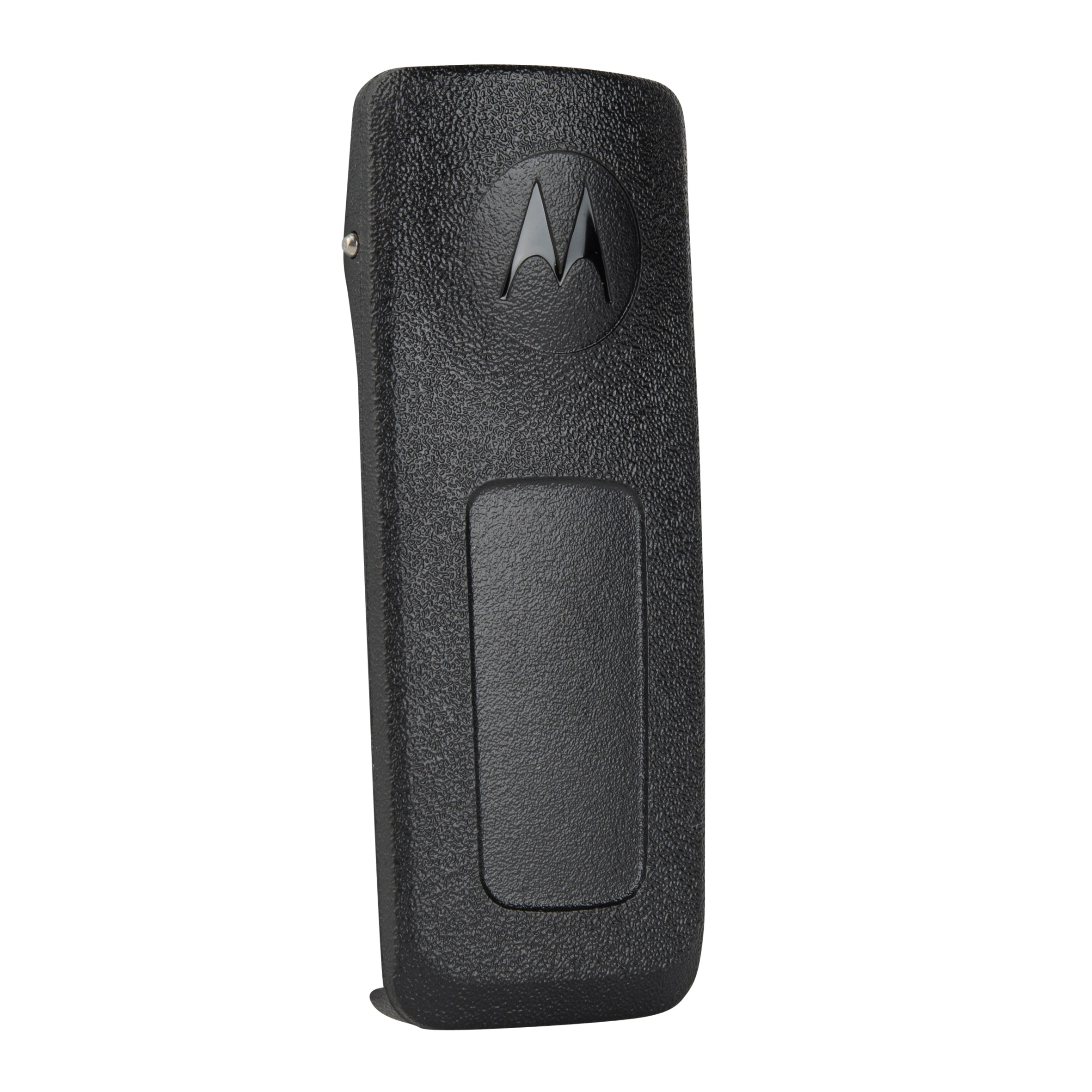 Schwarzer Gürtelclip mit eingraviertem Logo, vertikale Ansicht.