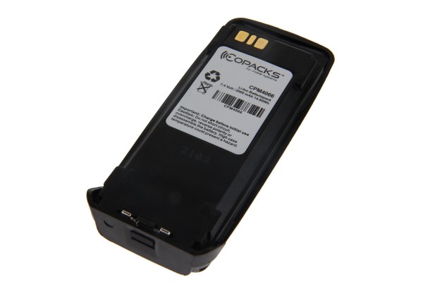 Black rectangular battery with manufacturer label and recycling symbol.