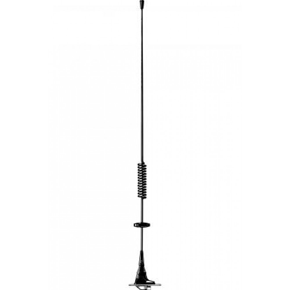 Black rod antenna with spiral winding and base plate.