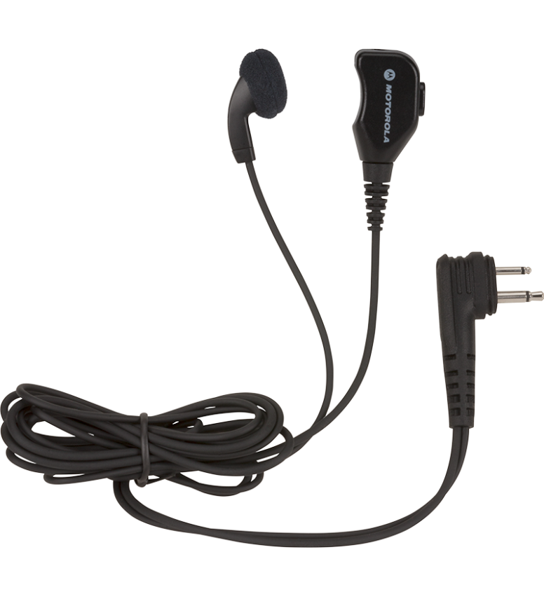 Schwarzer Ohrhörer mit Kabel und Zwei-Pin-Stecker.