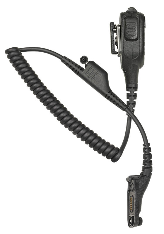 Black coiled cable with connectors on both ends, attached to a microphone clip.