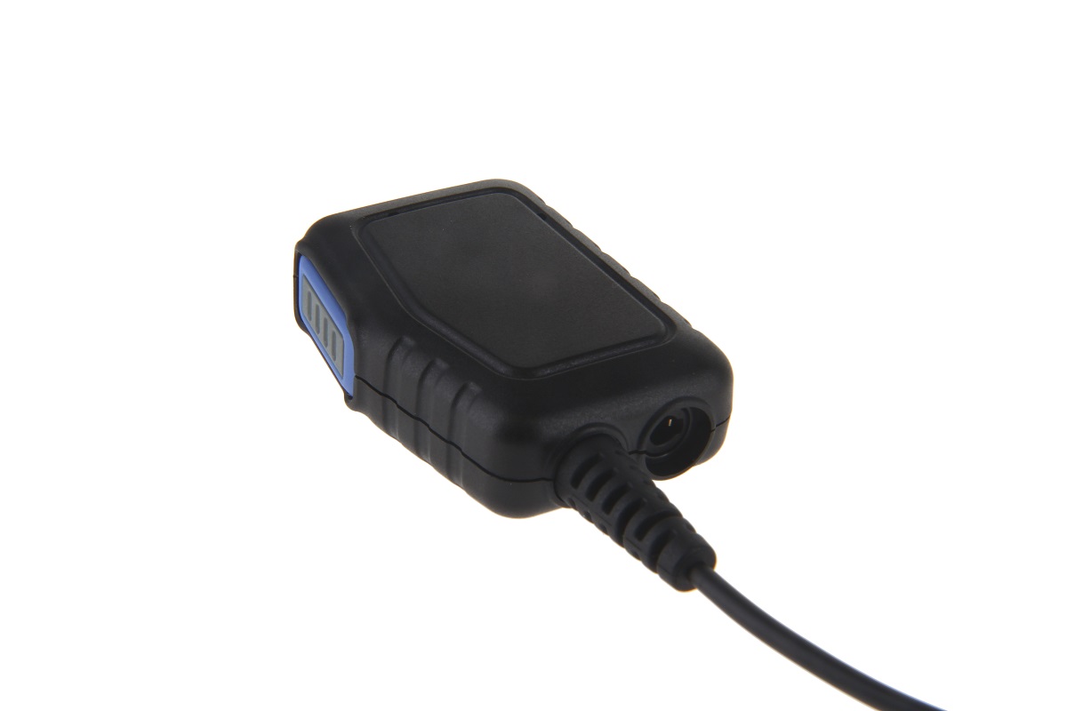 Black power adapter charger with cable and blue LED indicator.