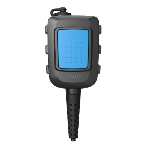 Schwarzes Mikrofon mit blauer Taste, rechteckige Form, Kabelverbindung unten.