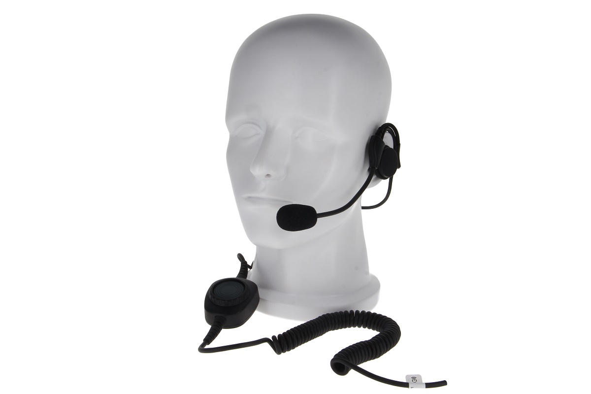 Mannequin-Kopf mit Headset und Mikrofon, Kabel führt nach unten.