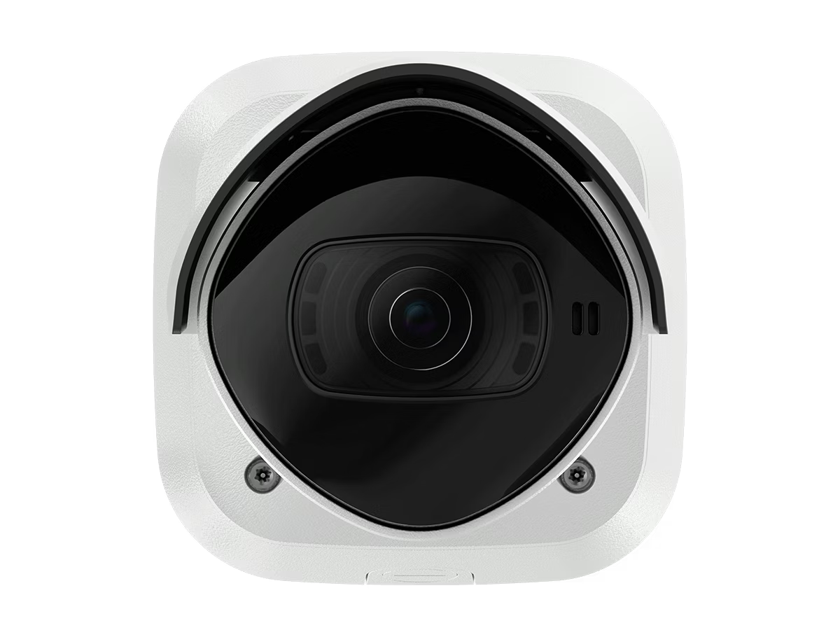 Close-up of a white and black surveillance camera.