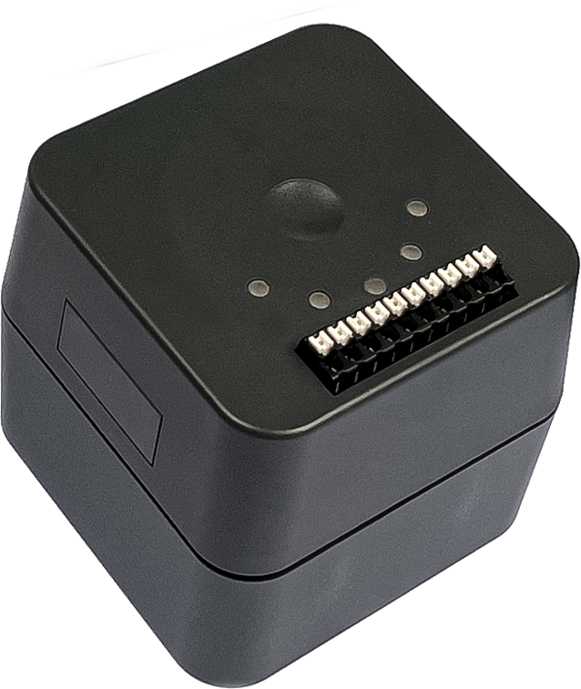 Black electronic component with connector strip.