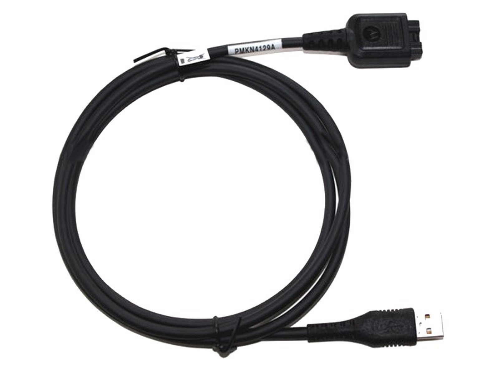 Schwarzes USB-Kabel mit proprietärem Anschluss.