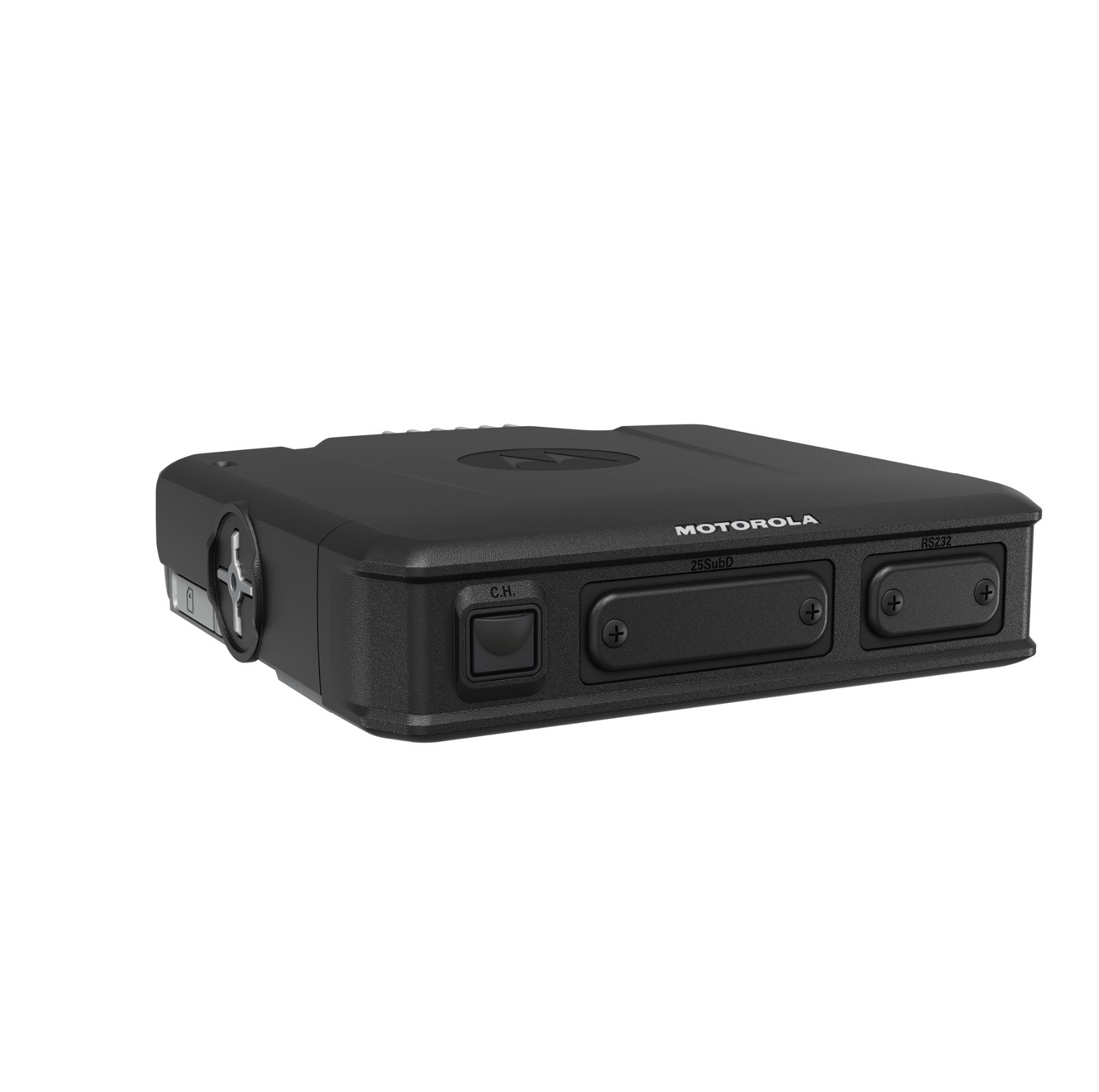 Schwarzes Gerät mit Motorola-Logo, mehreren Anschlüssen und Tasten.