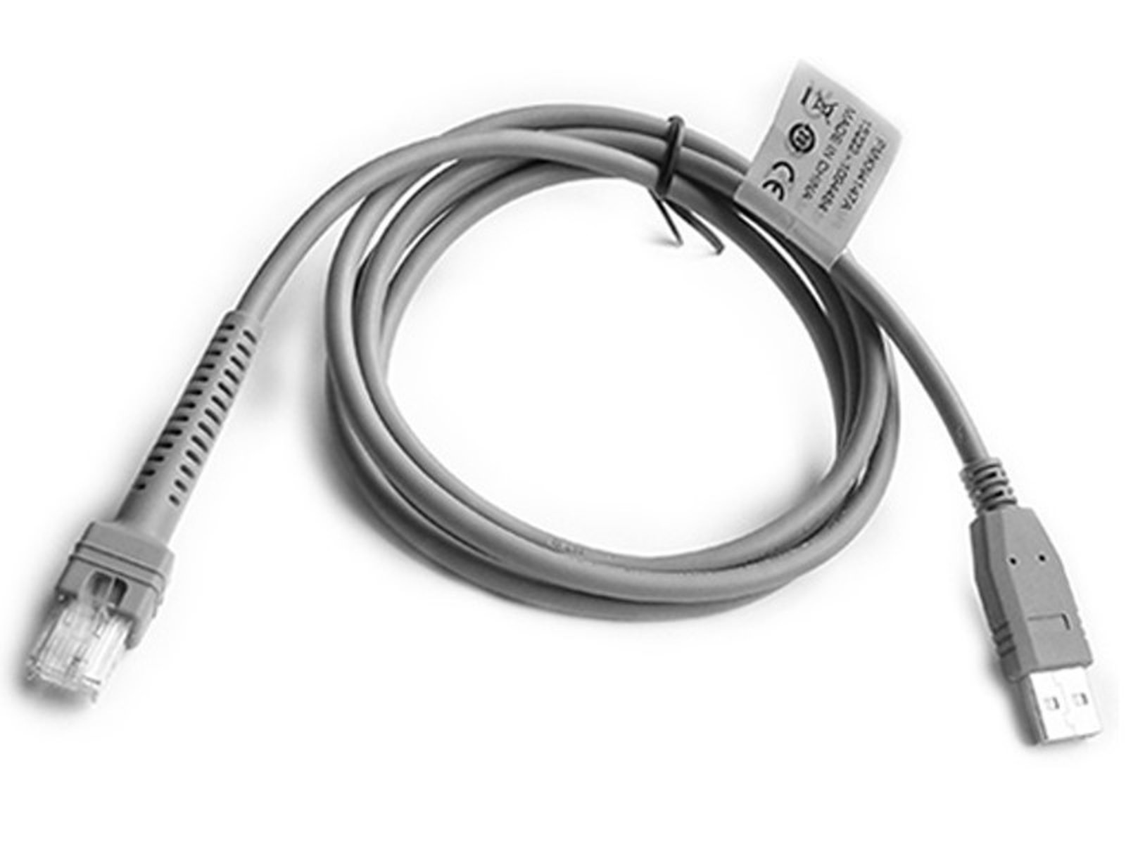 Graues USB-Kabel mit RJ45- und USB-Steckern, gewickelt.