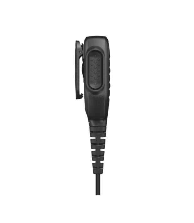 Side view of a black handheld microphone with clip and cable connection.