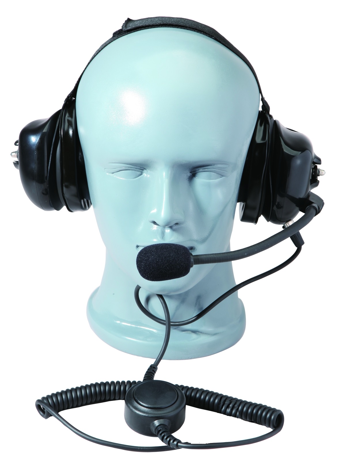 Head model with black headset and microphone.