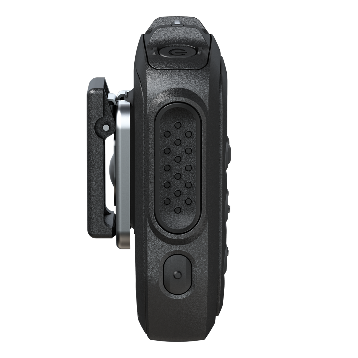 Side view of a black, rectangular electronic handheld device.