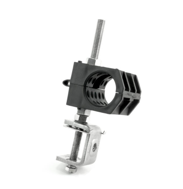 Metal and plastic pipe clamp with threaded screw.