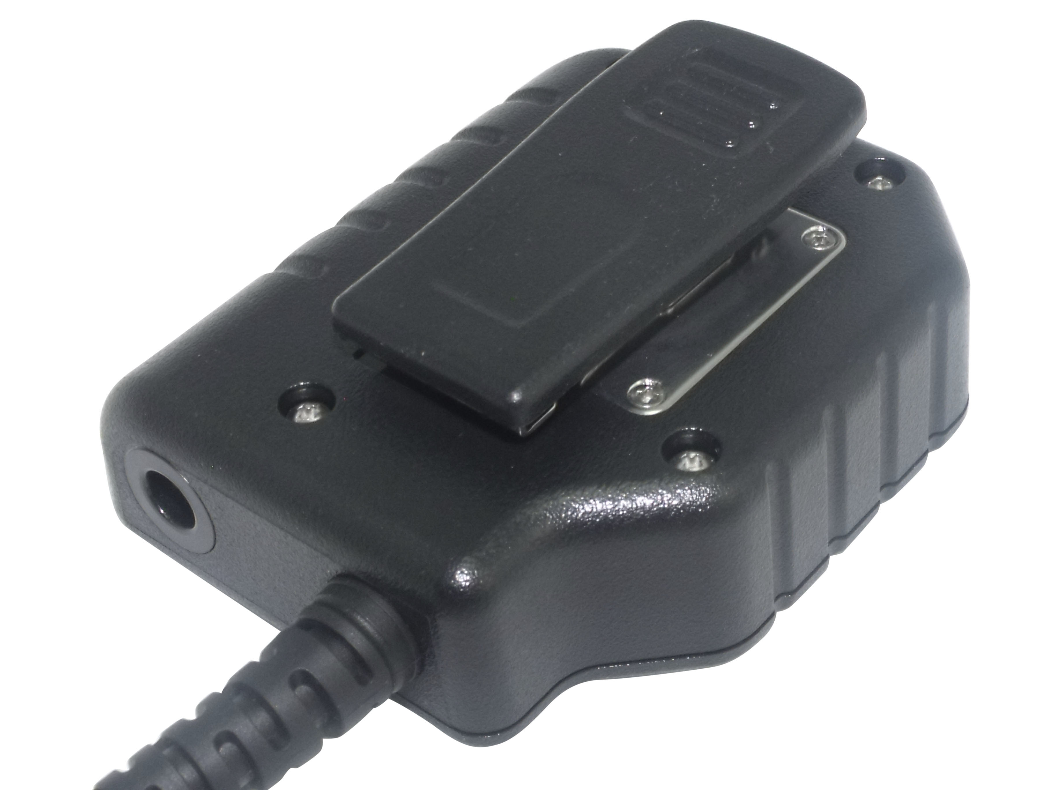 Black cable connector with clip and screws.