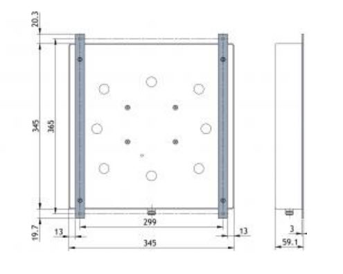 Technical drawing of a rectangular plate with drill holes, dimensions are indicated.