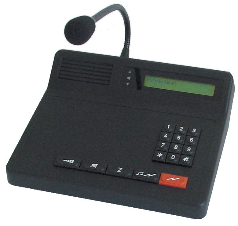 Microphone with keypad and display, black base.