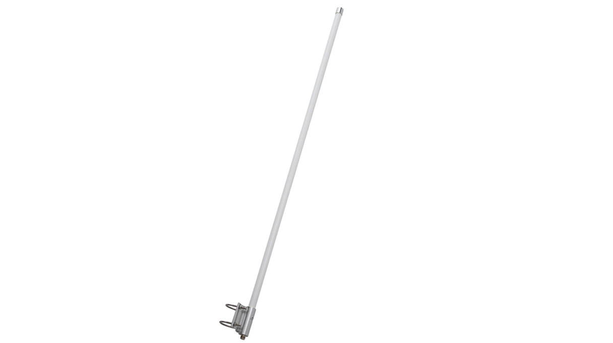 Vertical white antenna with metal mount at the bottom.