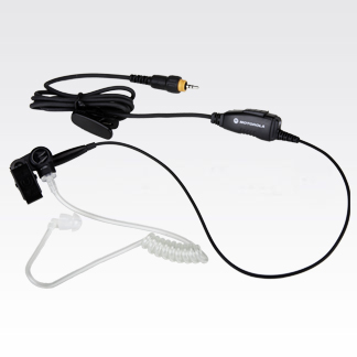 Schwarzes Headset mit Ohrhörer und durchsichtigem Schlauch.