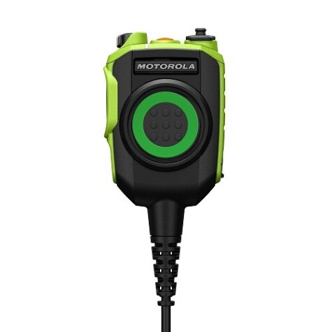 Handmikrofon mit Lautsprecher, grün und schwarz, Motorola-Logo oben.