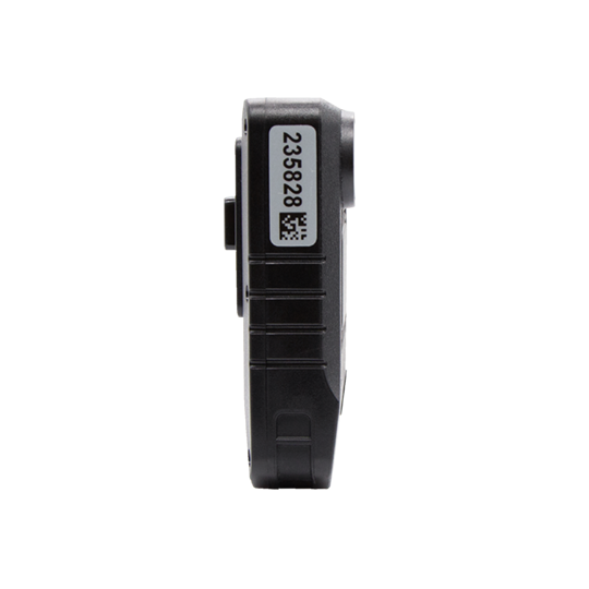Side view of a small black device with barcode and number.