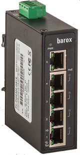 Black Ethernet switch with five LAN ports and a green power connection.