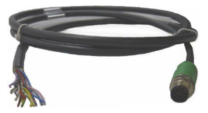 Cable with a round connector and open, colored wires at the other end.