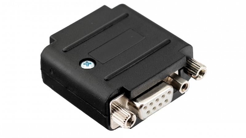 Black DVI to VGA adapter with two screws on the sides.